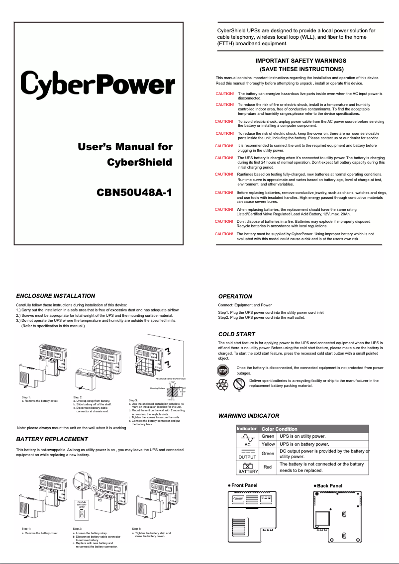 Image de la première page du manuel de l'appareil CyberShield CBN50U48A-1