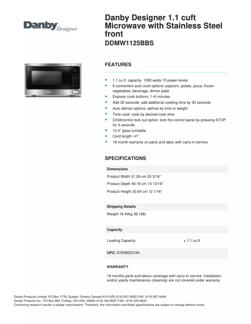 Page n°1 - Fiche technique Danby DDMW1125BBS