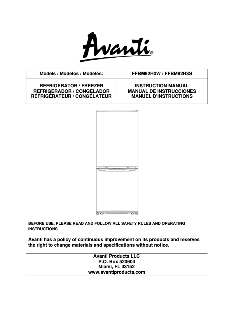 Page 1 de la notice Manuel utilisateur Avanti FFBM92H1B