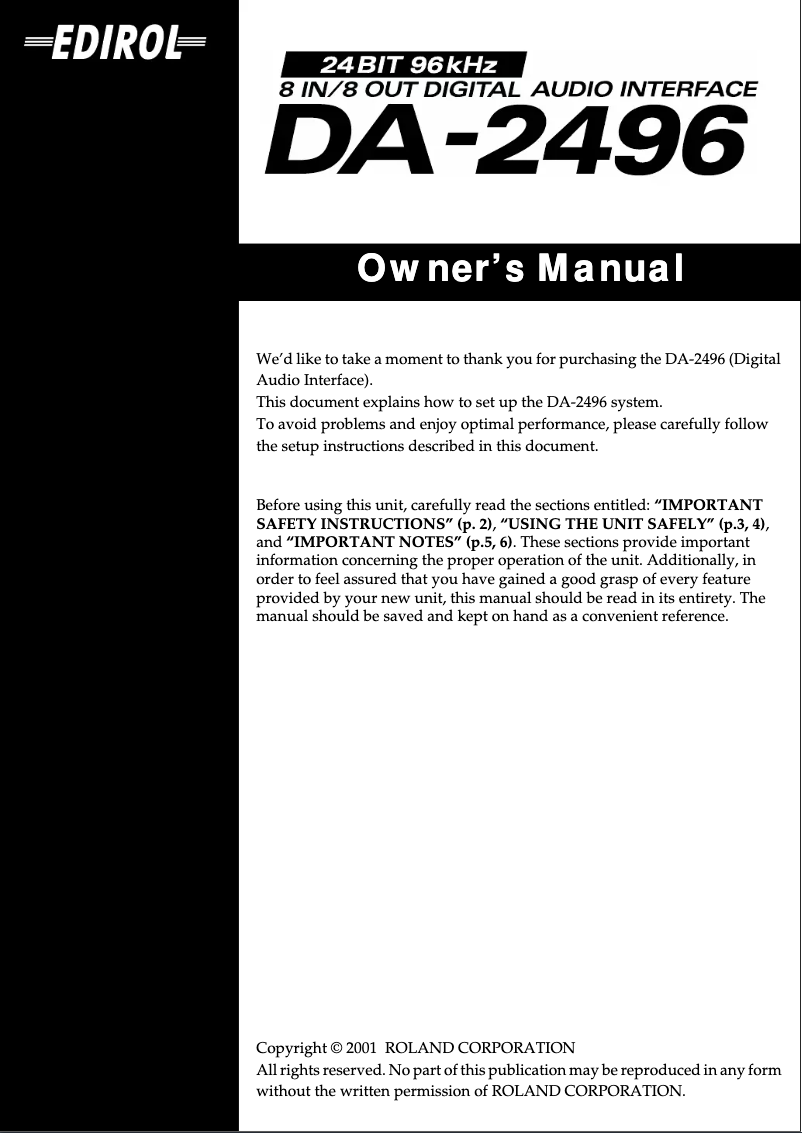 Page n°1 - Manuel utilisateur Roland DA-2496