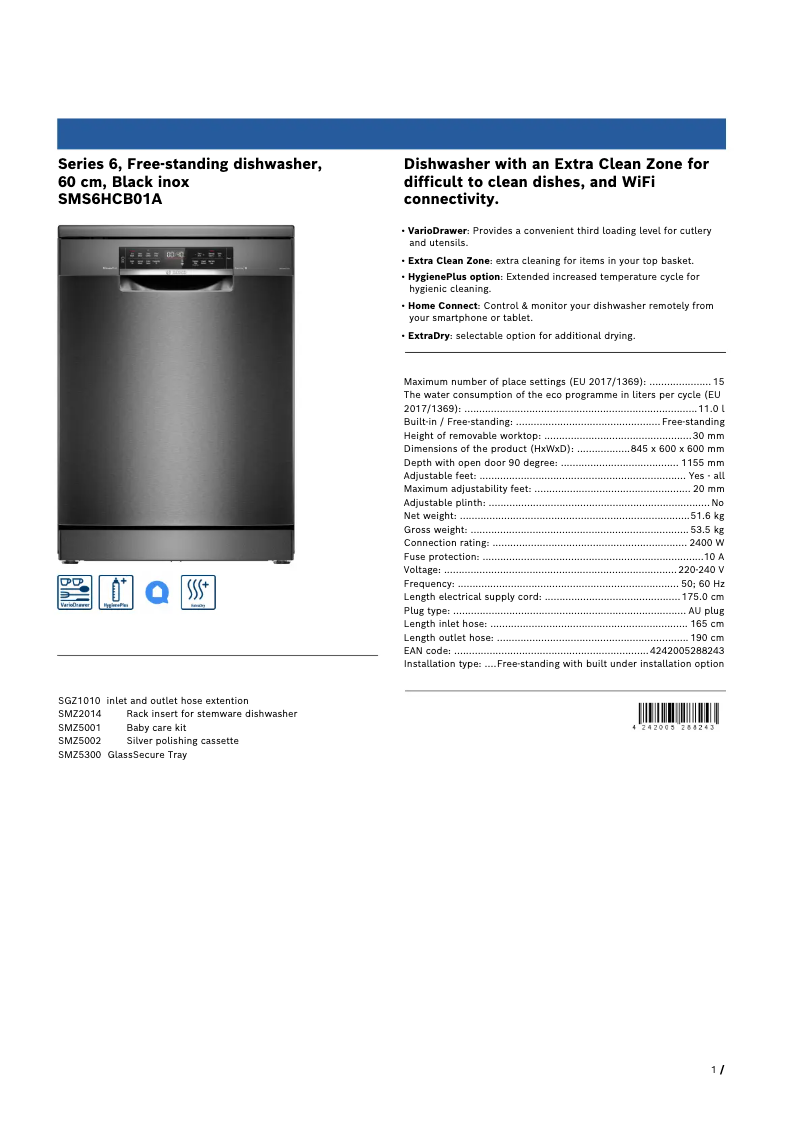 Page 1 de la notice Fiche technique Bosch SMS6HCB01A