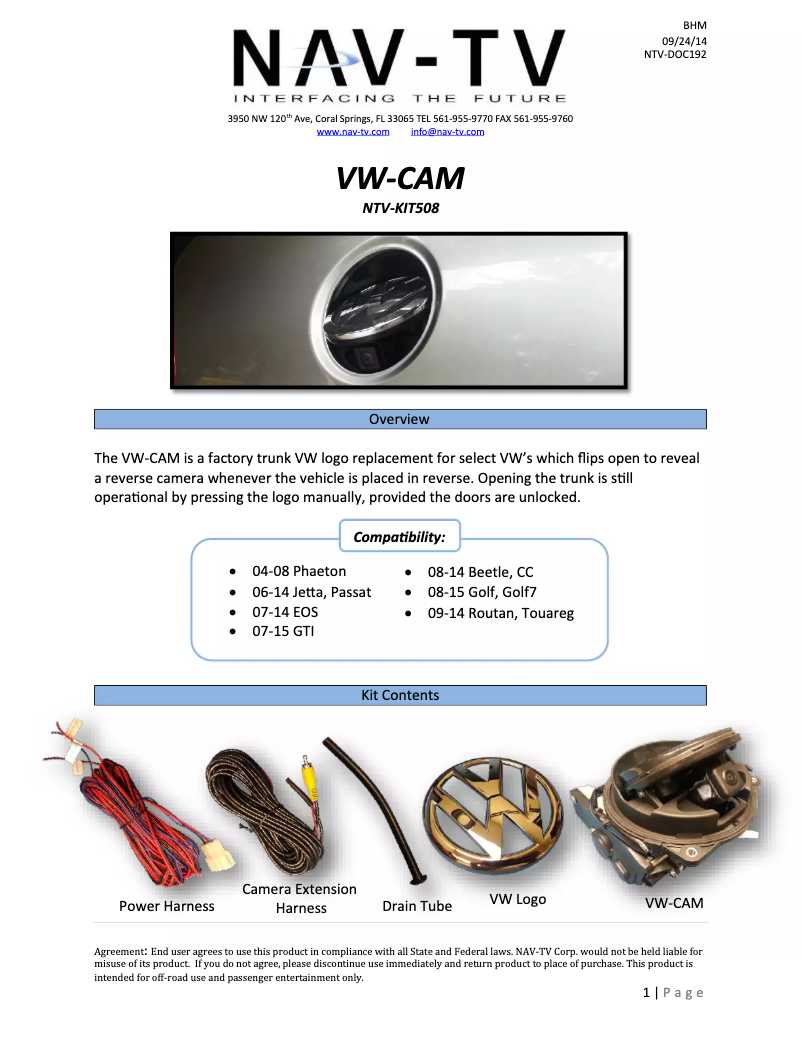 Page n°1 - Guide d'installation NAV-TV NTV-KIT508