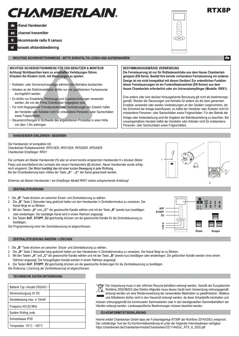 Page n°1 - Manuel utilisateur Chamberlain RTX8P