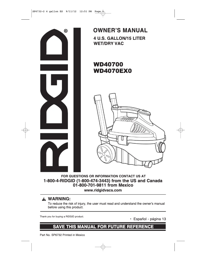 Página 1 del manual Manual de usuario Ridgid WD40700