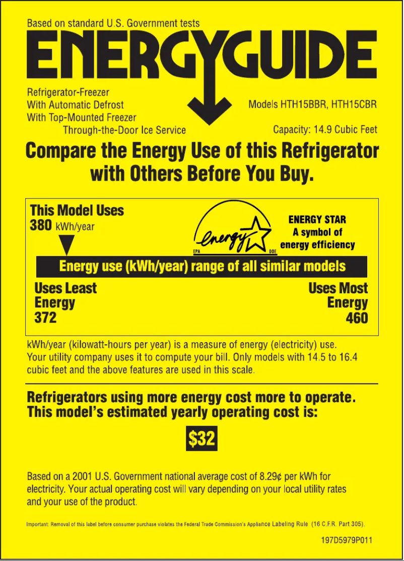 Page 1 de la notice Label énergétique Hotpoint HTH15BBRLWW