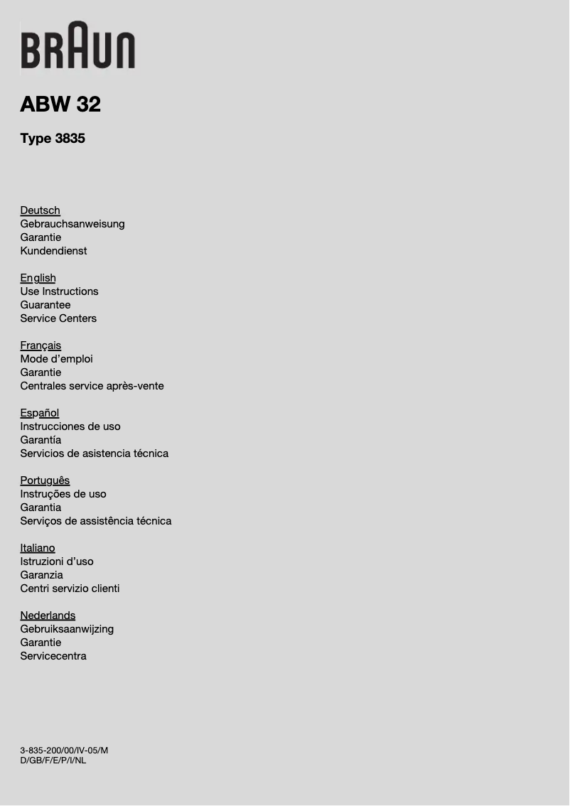 Page n°1 - Manuel utilisateur Braun ABW 32 Type 3835
