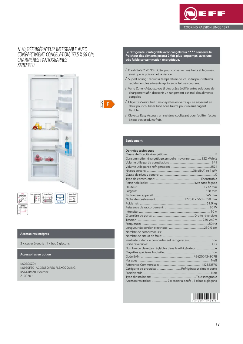 Page 1 of the manual Technical Sheet Neff KI2823FF0