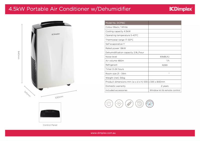 Page 1 de la notice Fiche technique Dimplex DCP16C