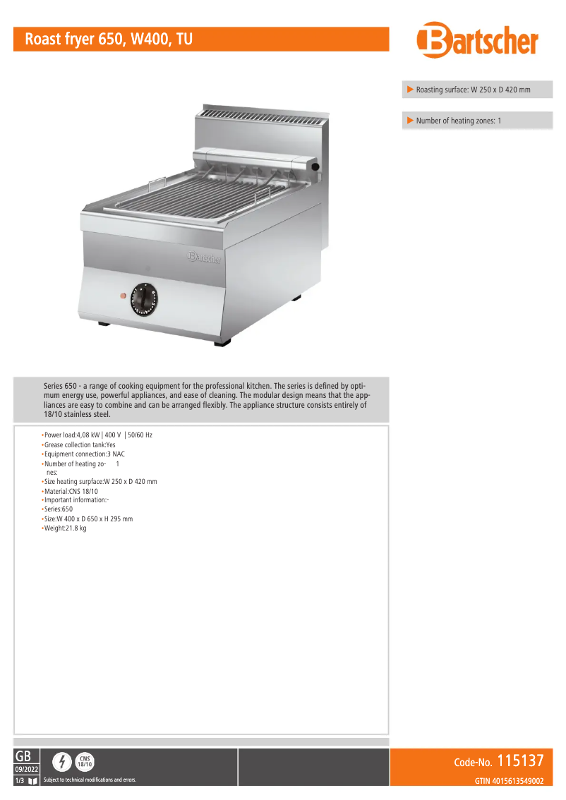 Page 1 de la notice Fiche technique Bartscher 115137