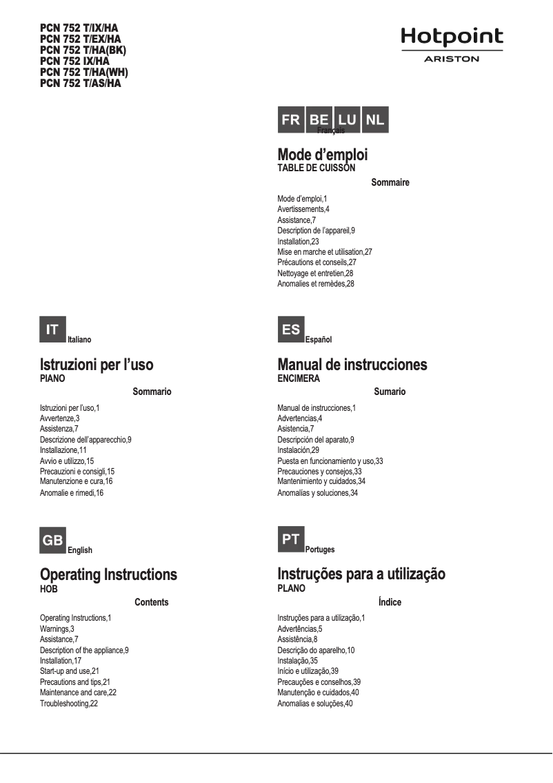 Page 1 of the manual User Manual Hotpoint PCN 752 T/AS/HA