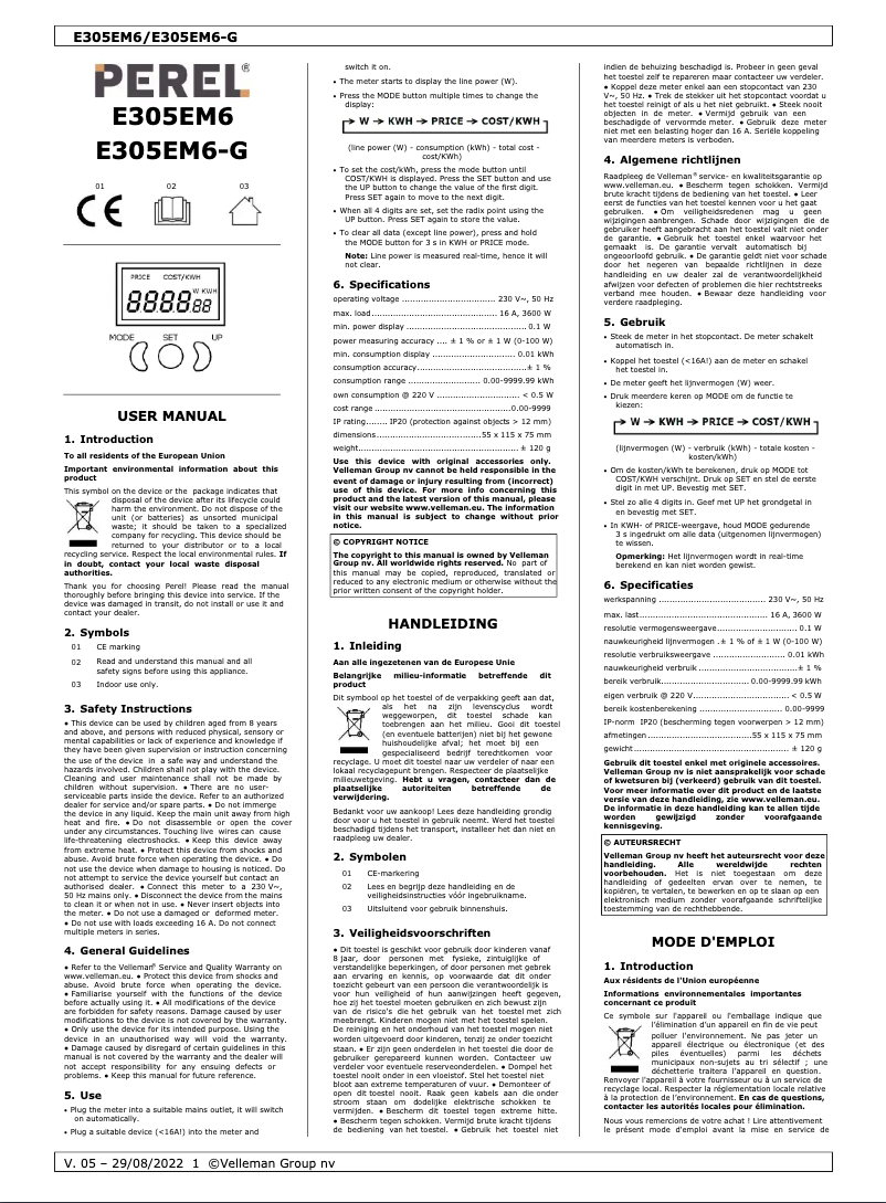 Page 1 de la notice Manuel utilisateur Perel E305EM6