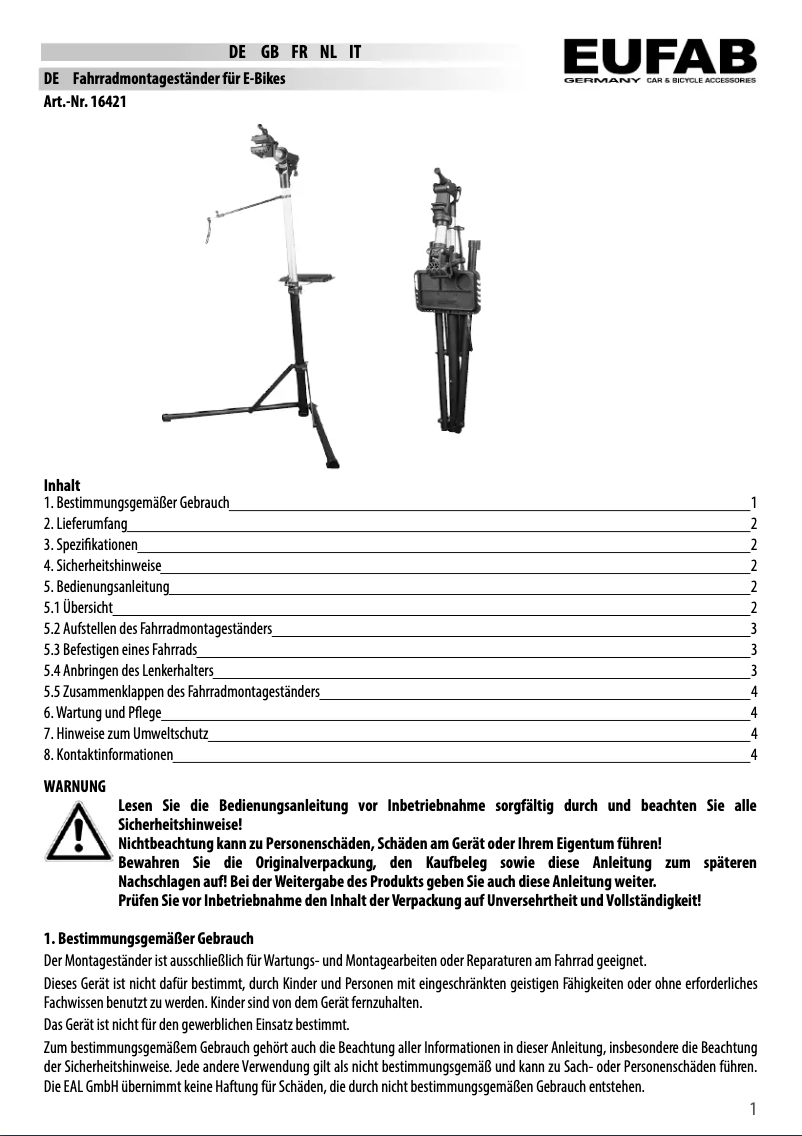 Page 1 de la notice Manuel utilisateur Eufab 16421