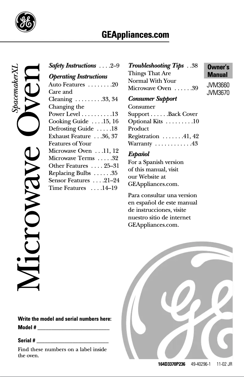 Image de la première page du manuel de l'appareil Profile JVM3660BD