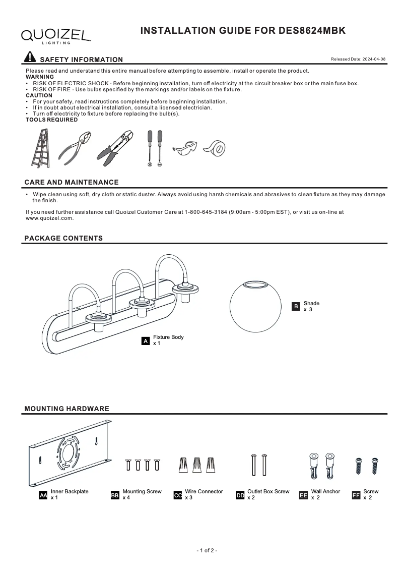 Page 1 de la notice Manuel utilisateur Quoizel Desmond DES8624MBK