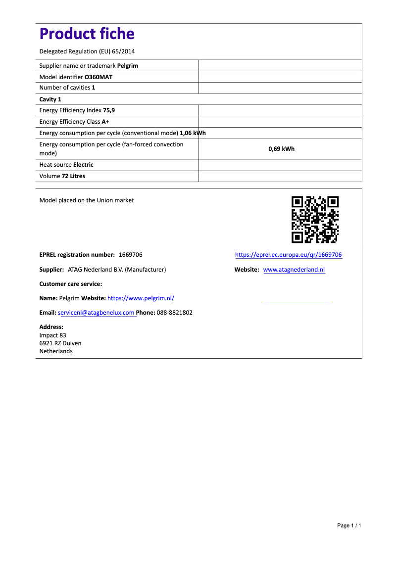 Page 1 de la notice Fiche technique Pelgrim O360MAT
