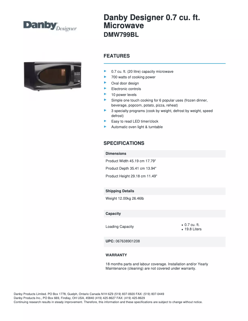 Page n°1 - Fiche technique Danby DMW799BL