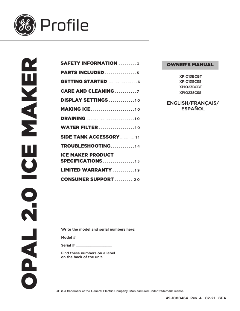 Página 1 del manual Manual de uso y mantenimiento GE Profile Opal XPIO13SCSS