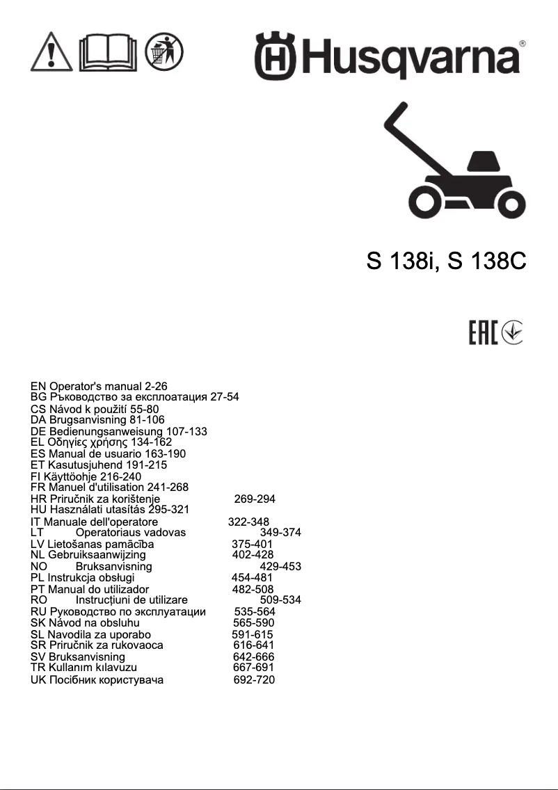 Page 1 de la notice Manuel utilisateur Husqvarna S138i