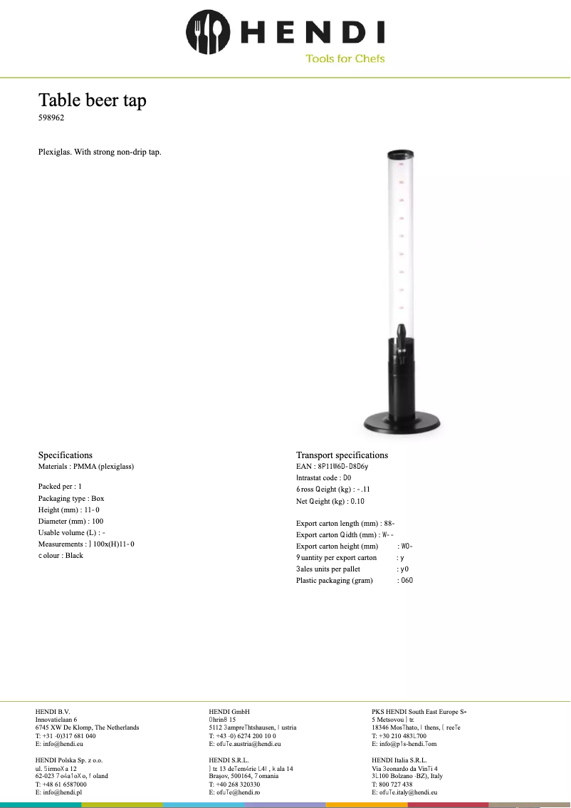 Page 1 de la notice Fiche technique Hendi 598955