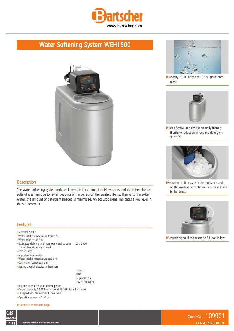 Página 1 del manual Ficha técnica Bartscher WEH1500