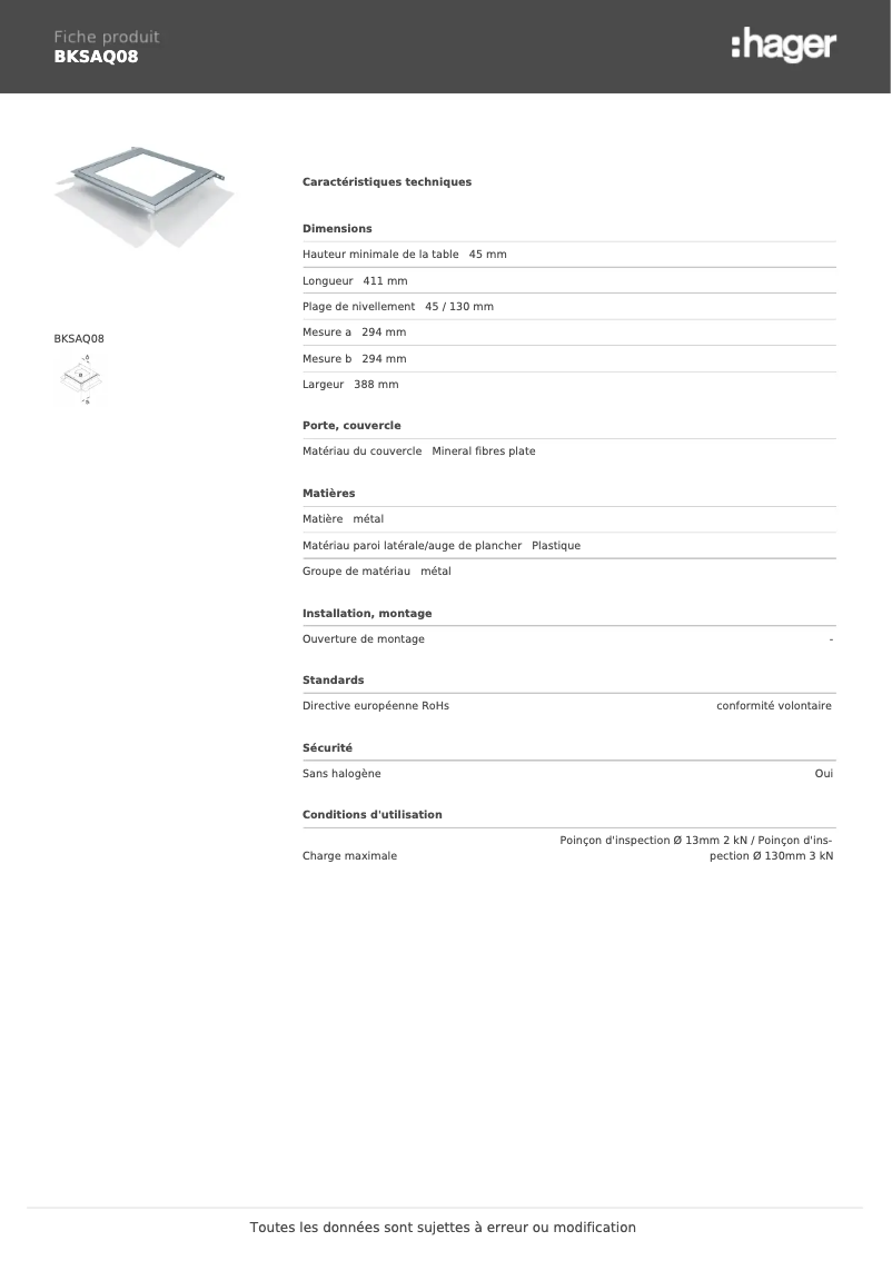 Page n°1 - Fiche technique Hager BKSAQ08