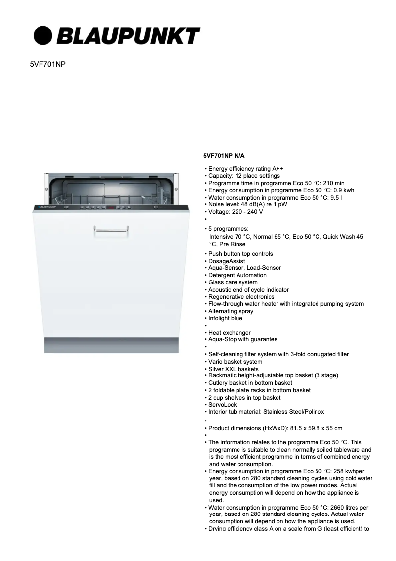 Page 1 de la notice Fiche technique Blaupunkt 5VF701NP