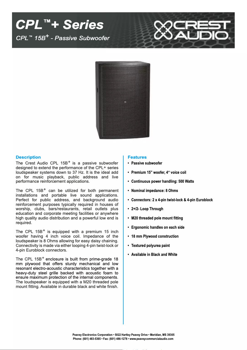 Page 1 de la notice Fiche technique Crest Audio CPL 15B+
