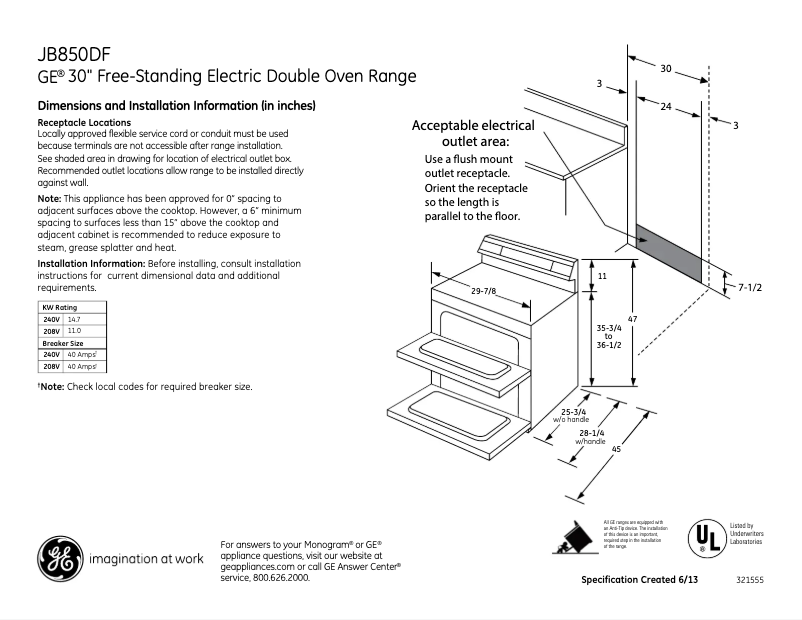 Page 1 of the manual Technical Sheet GE JB850DFBB