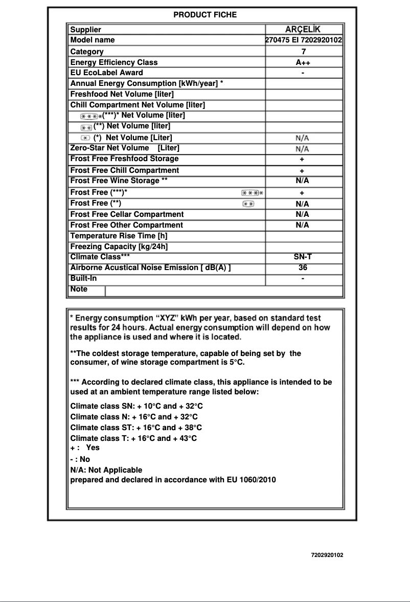 Page 1 de la notice Fiche technique Arçelik 270475 EI