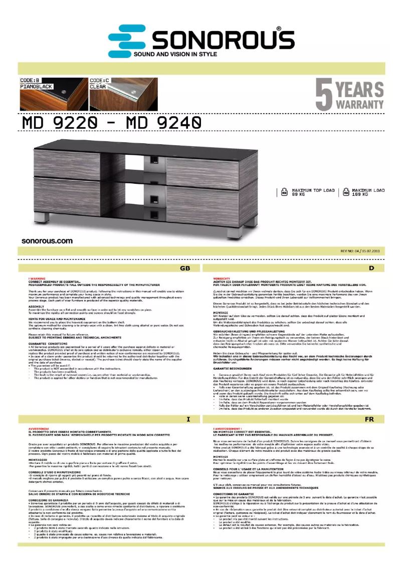 Page 1 de la notice Manuel utilisateur Sonorous MD 9240-C-INX-GRP