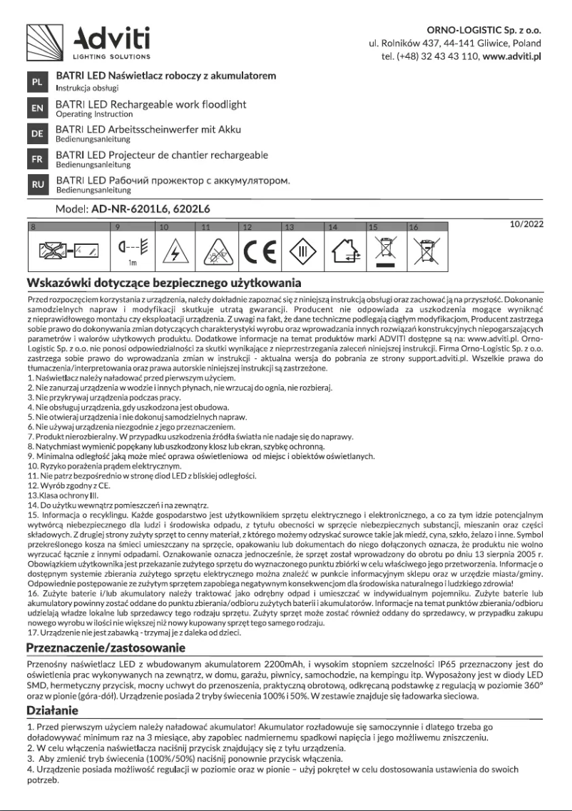 Page 1 de la notice Manuel utilisateur Adviti AD-NR-6201L6