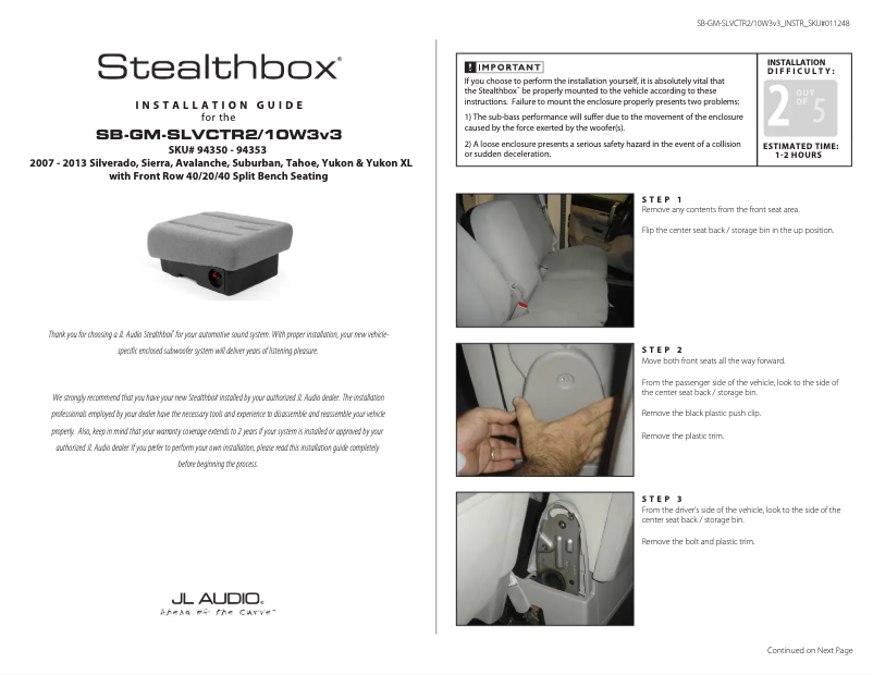 Page 1 of the manual User Manual JL Audio Stealthbox SB-GM-SLVCTR2/10W3v3/DG