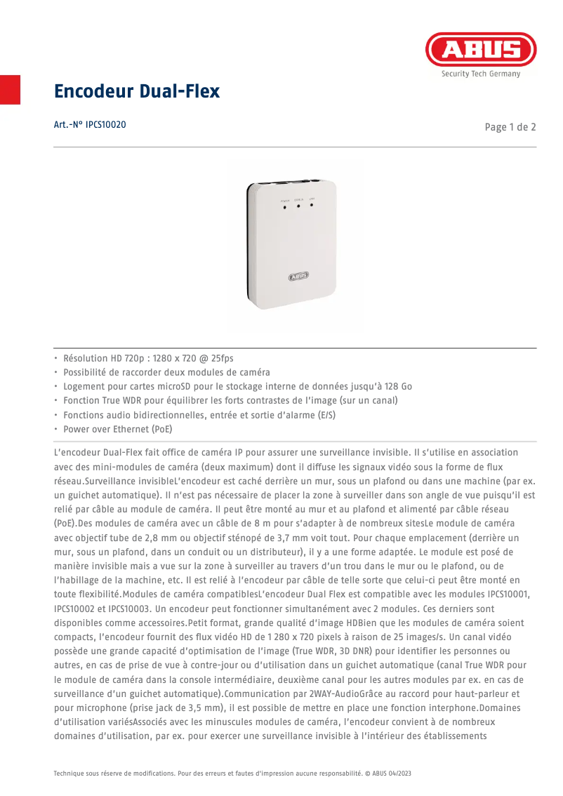 Página 1 del manual Ficha técnica Abus IPCS10020