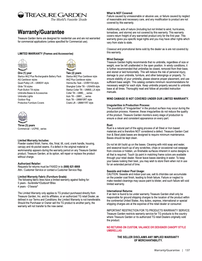 Page 1 de la notice Informations de garantie Treasure Garden CP403