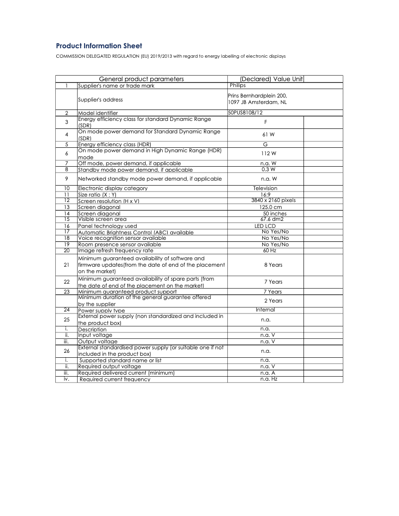 Page n°1 - Fiche technique Philips 50PUS8108
