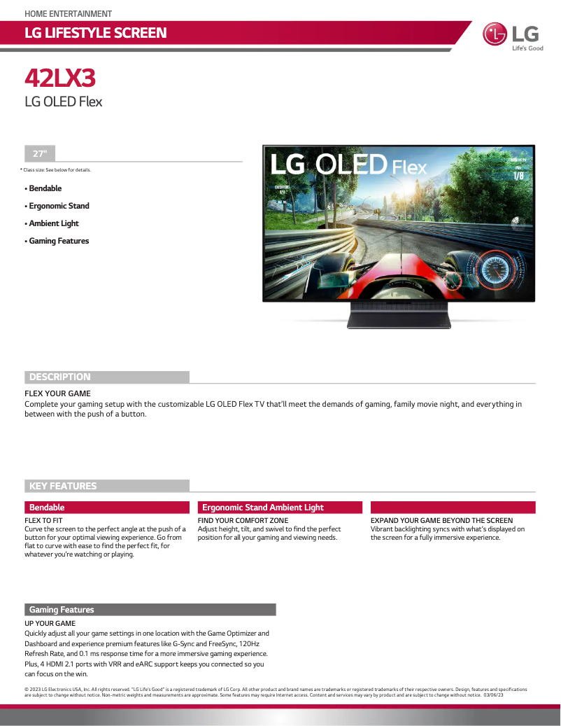 Page 1 de la notice Fiche technique LG 42LX3QPUA