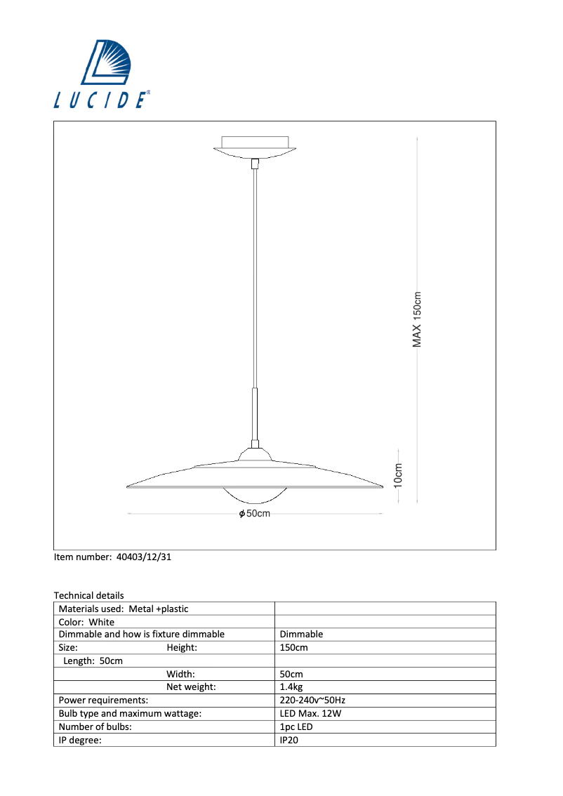Page 1 de la notice Manuel utilisateur Lucide Olfy 40403/12/31