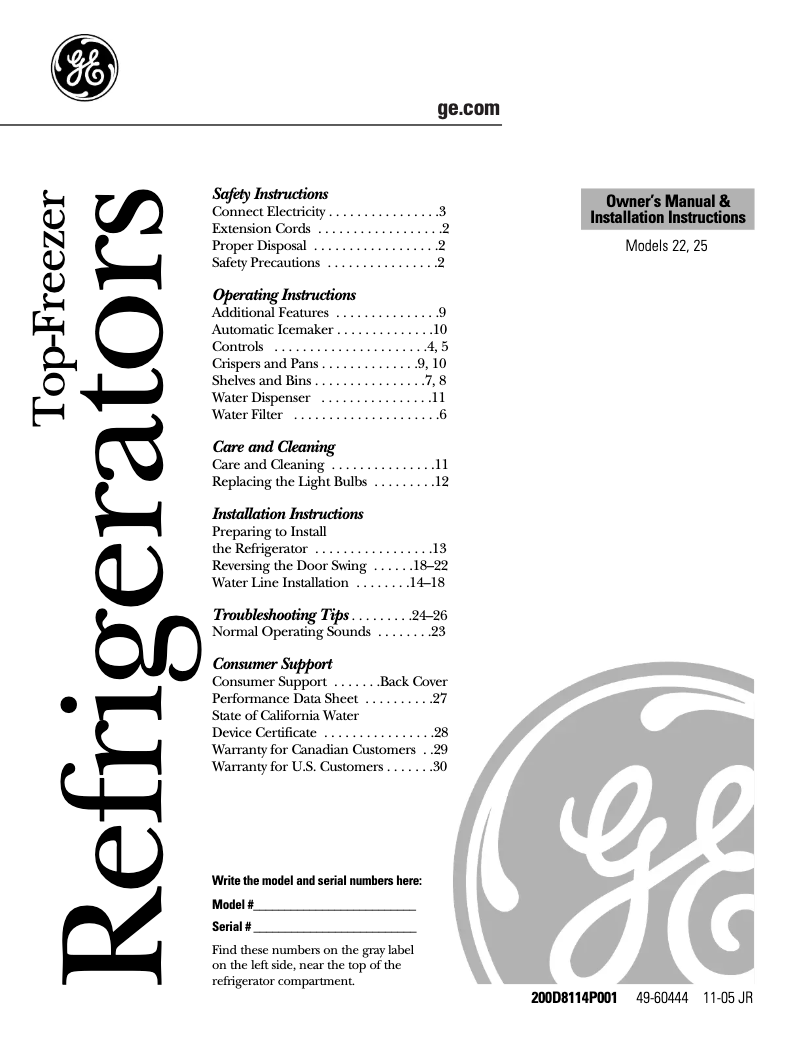 Page 1 de la notice Guide d'installation GE GTS22JBPCC