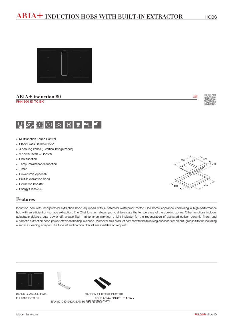 Page 1 of the manual Technical Sheet Fulgor Milano FHH 800 ID TC BK
