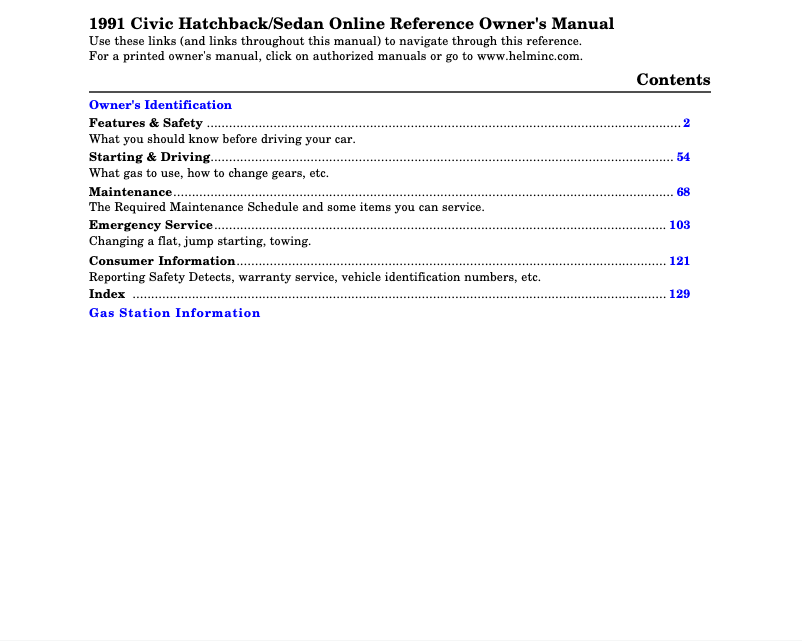 Imagen de la primera página del manual del dispositivo Civic Hatchback Sedan (1991)
