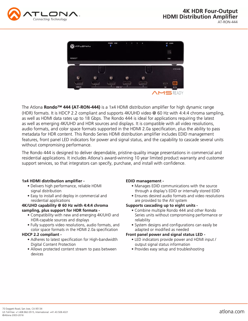 Page 1 de la notice Fiche technique Atlona AT-RON-444