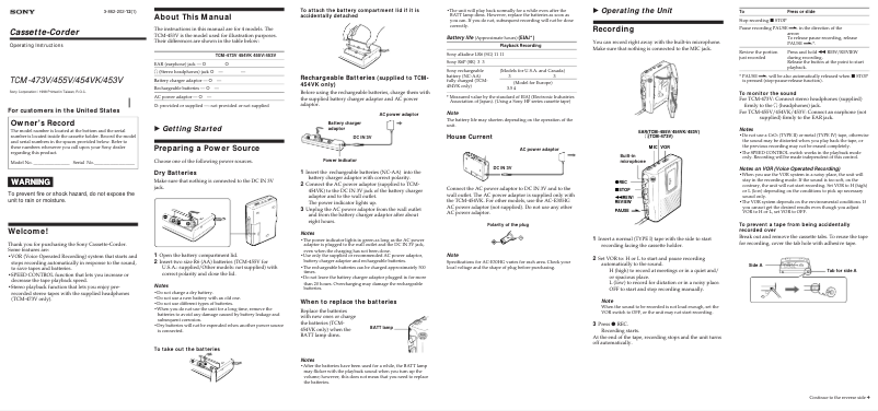 Page n°1 - Manuel utilisateur Sony TCM-455V