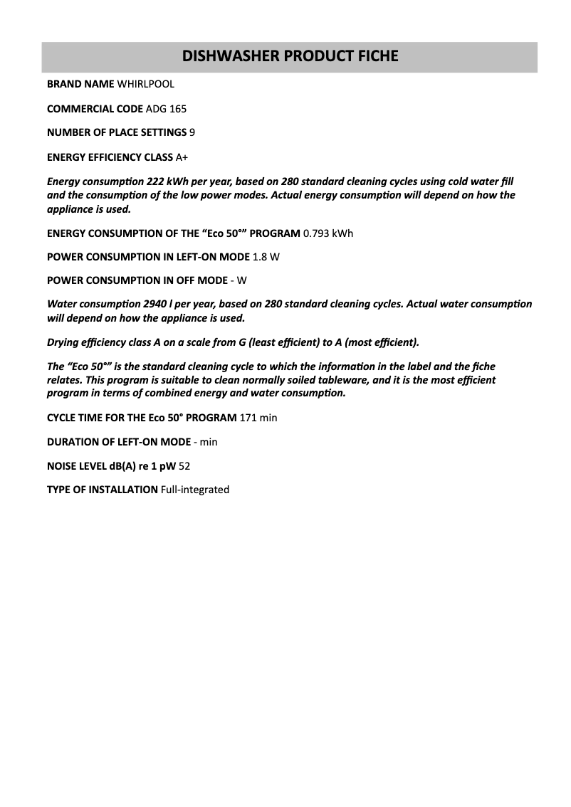 Page 1 de la notice Manuel utilisateur Whirlpool ADG 165