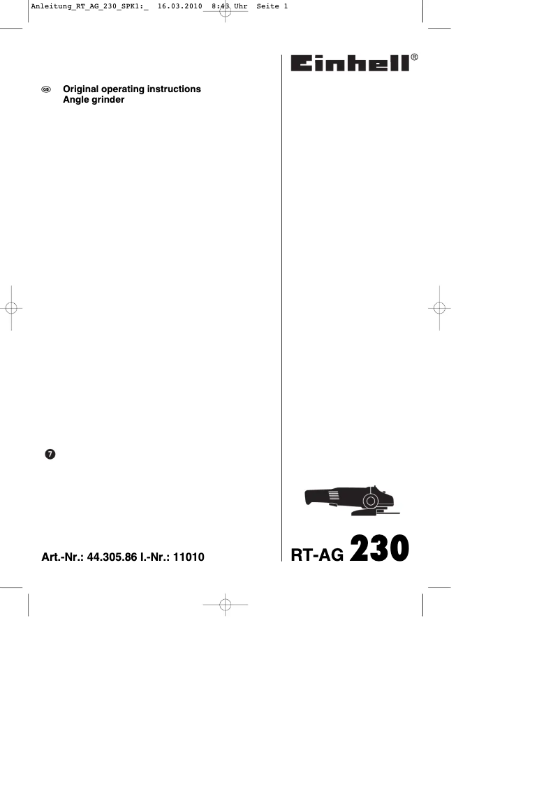 Page 1 de la notice Manuel utilisateur Einhell RT-AG 230
