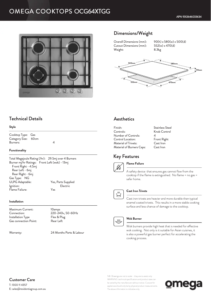 Page n°1 - Fiche technique Omega OCG60X