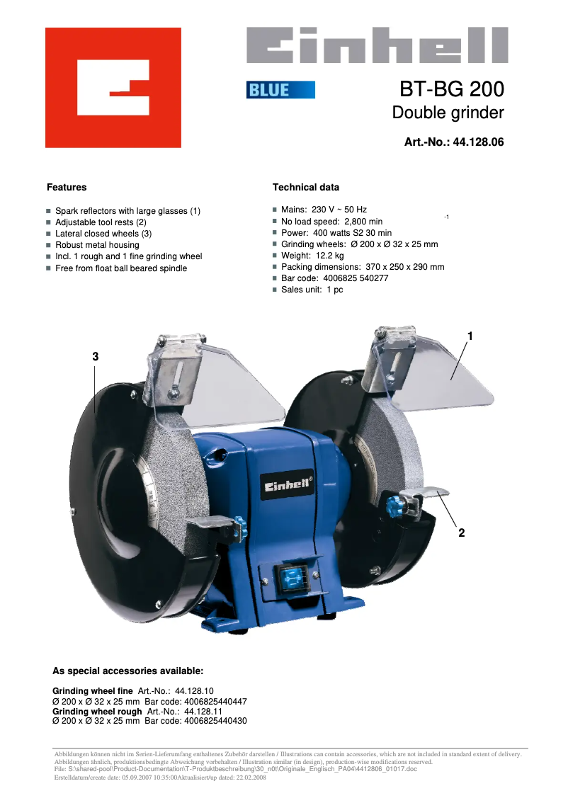 Page 1 de la notice Manuel utilisateur Einhell BT-BG 200