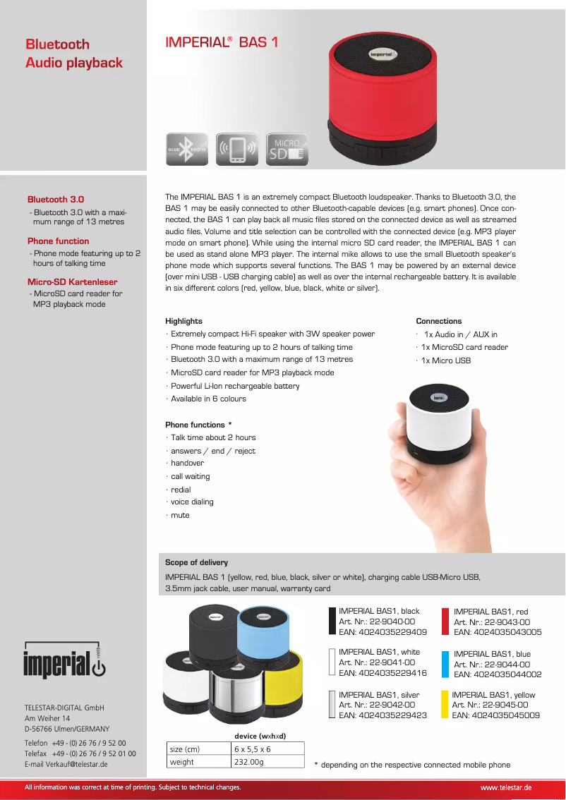 Page 1 de la notice Fiche technique Imperial BAS 1