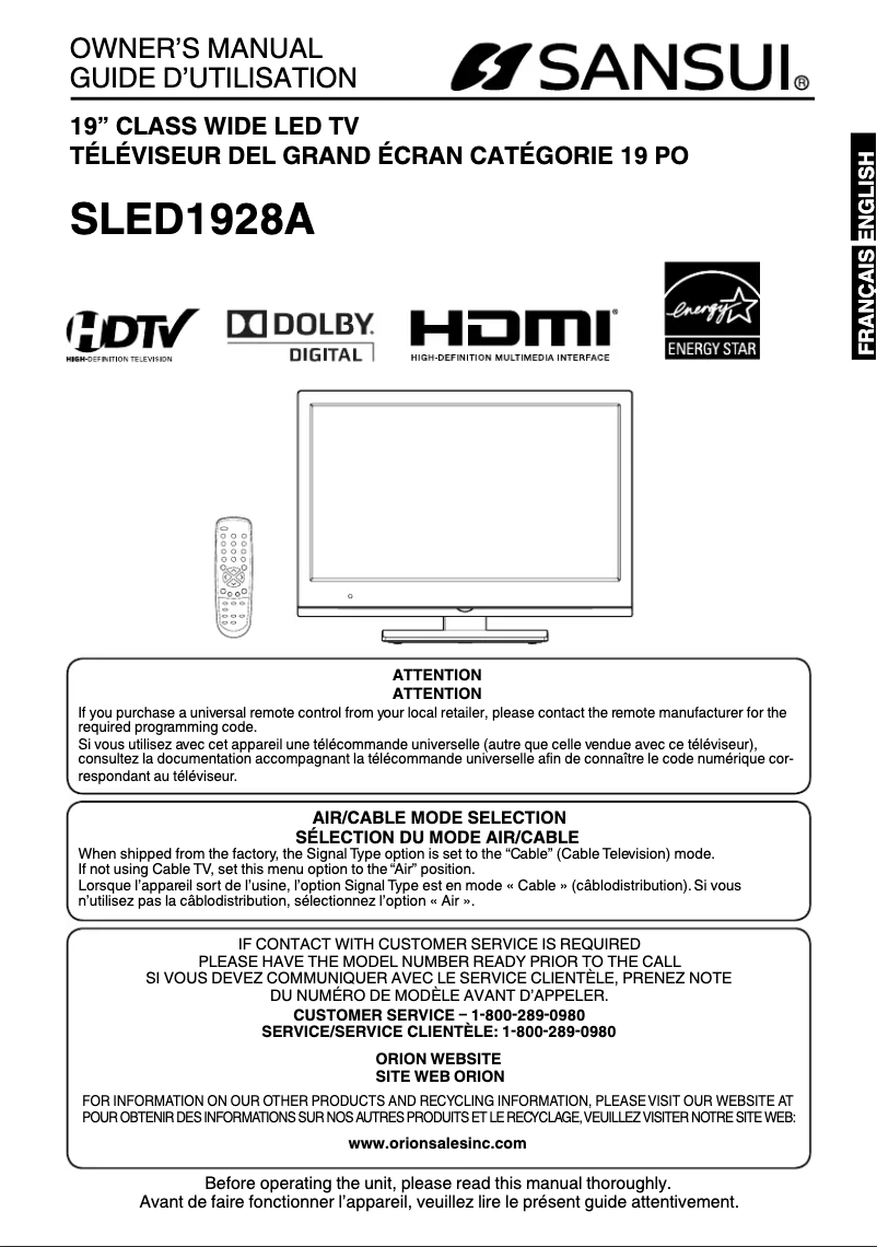 Page 1 of the manual User Manual Sansui SLED1928A