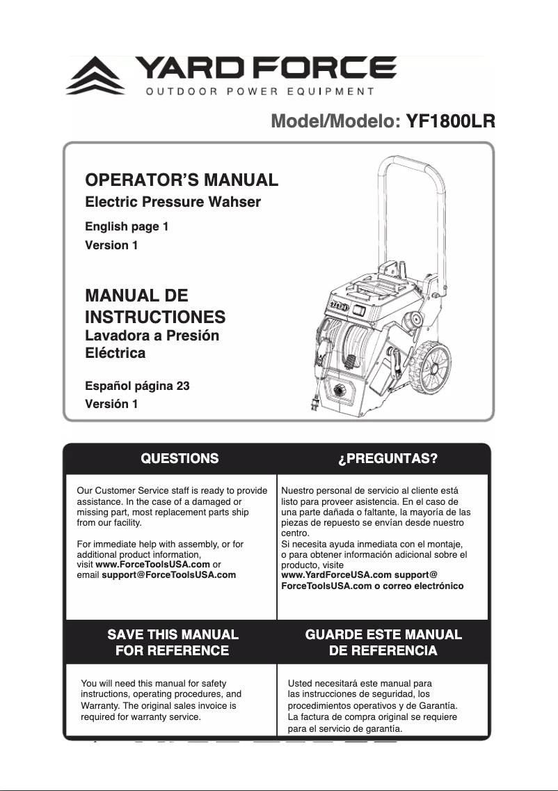 Page n°1 - Manuel utilisateur Yard Force YF1800LR