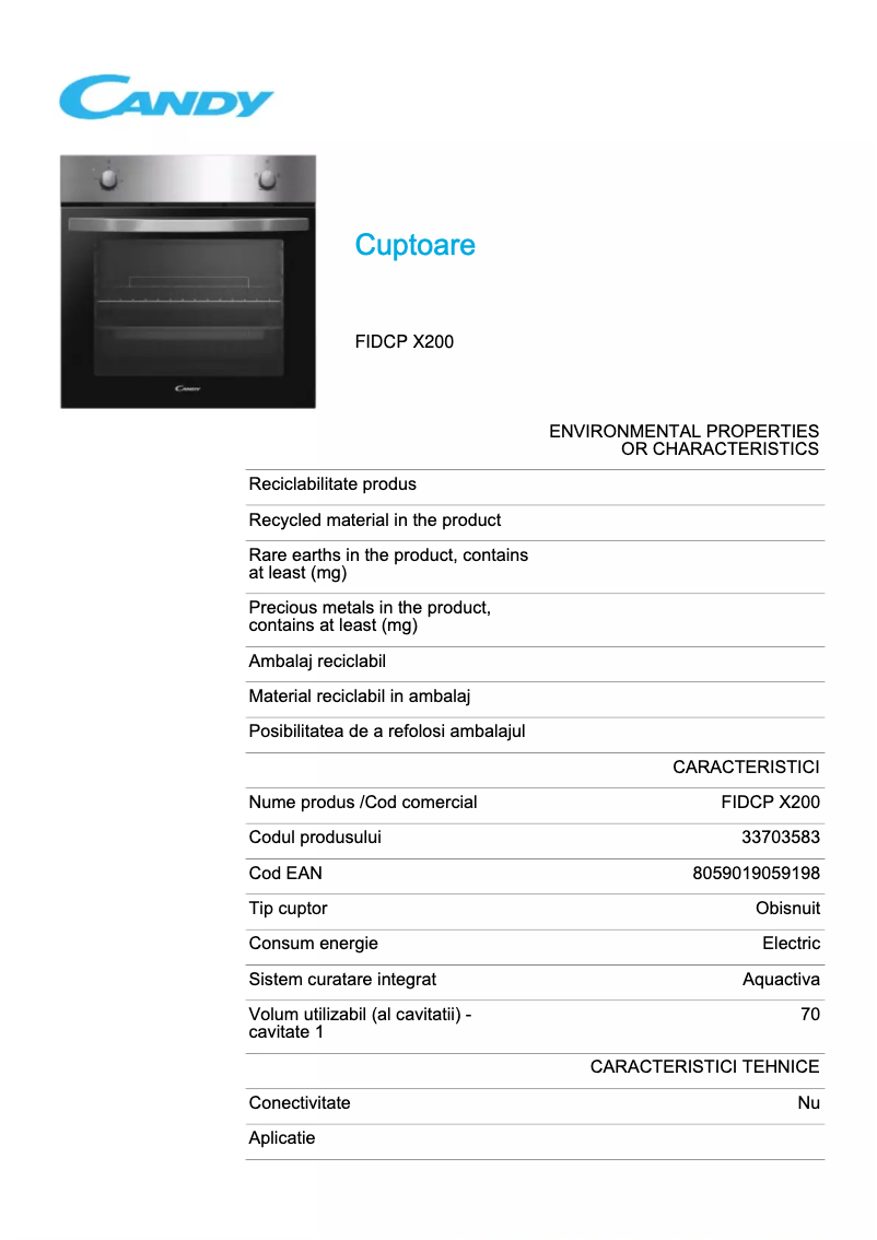 Page 1 de la notice Fiche technique Candy FIDCP X200